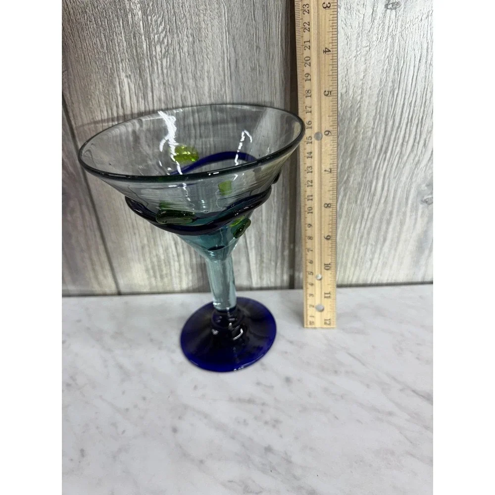 Hand Blown Recycled Glass Margarita Glass Cobalt Blue Spiral Green Dots Mexico